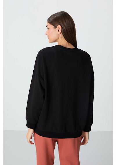 Tommy Life Siyah Kompakt Pamuklu Kalın Pürüzsüz Dokulu O Yaka Oversize Fit Kadın Sweatshirt - 97288 Siyah