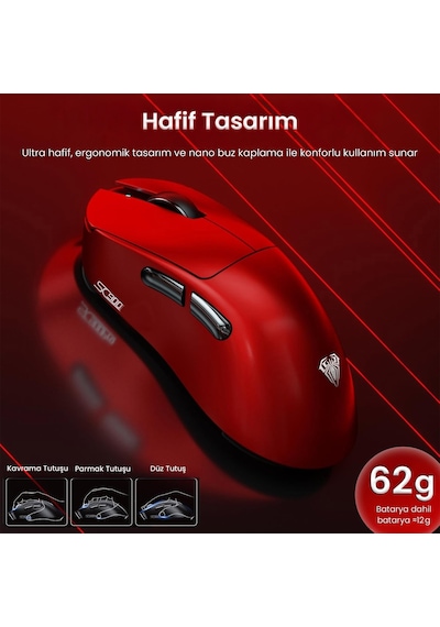 Aula Sc900 Max Paw3395 Sensör 30000 Dpı 8000hz Kablolu Ve Kablosuz Gaming Oyuncu Mouse Kırmızı Sc900-mxrd