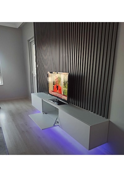 Mac Dizayn Knidos Tv Ünitesi 240 Cm 3 Kapaklı, Mat Beyaz, Led Aydınlatmalı Mat Beyaz