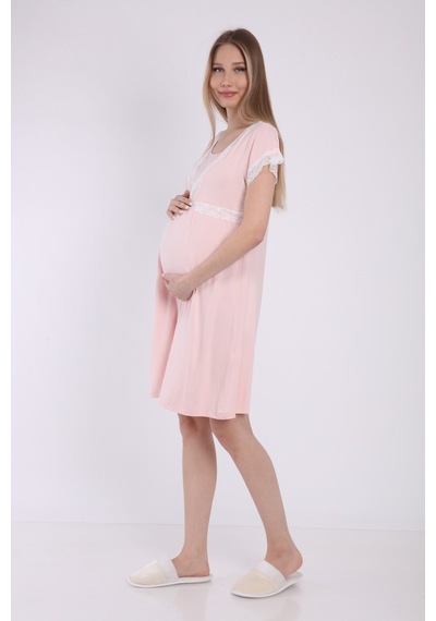 Luvmabelly Myra9680 Önden Bölmeli Dantelli Hamile Geceliği -pembe-pembe