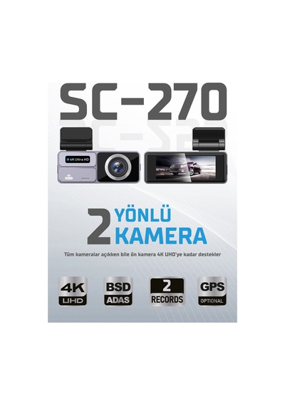 Kayıt Cihazı 4k 3.2'' Dokunmatik Ekran 2 Kameralı Araç İçi Kamera Sc-270