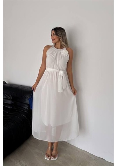 Dip Moda Kadın Astarlı Sıfır Kol Şifon Elbise Dpnbk2144 Beyaz