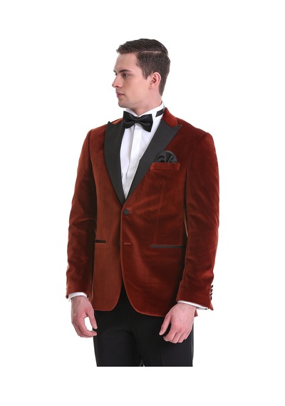 Hatemoğlu Kiremit Slim Fit Düz Sivri Yaka Kadife Klasik Smokin Damatlık 33 Kahverengi