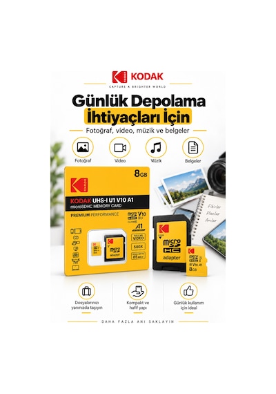 8gb Microsdhc Hafıza Kartı Uhs-ı U1 V10 A1 85 Mb/s Full Hd Destekli Sd Adaptörlü