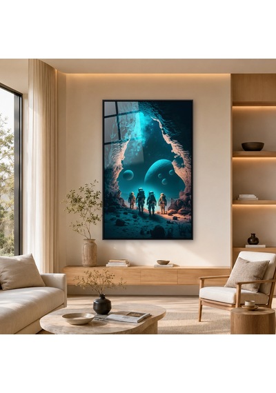 Mağaradan Gezegenlere Bakan Astronotlar Siyah Çerçeveli Cam Tablo