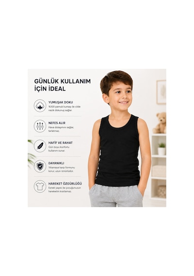 Westicgiyim Çocuk 3 Lü Atlet %100 Pamuk Siyah Beyaz Gri Yumuşak Nefes Alan Günlük İç Giyim 2-14 Yaş
