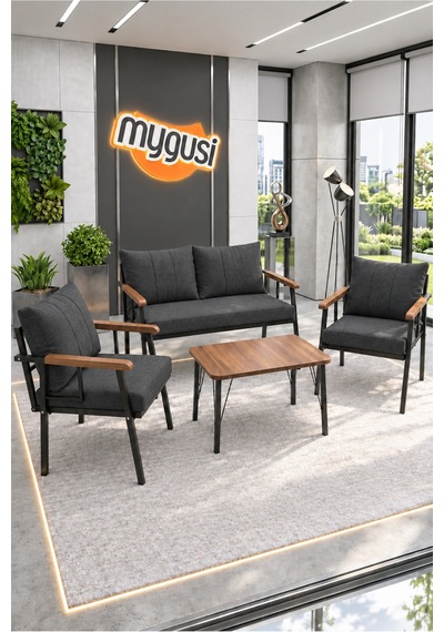 Mygusi Erva Serisi Balkon, Bahçe, Cafe - Metal Kanepe Koltuk Takımı - 211 40 70 Sehpalı - Antrasit