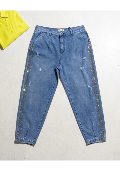 Büyük Beden Mom Kesim Yan Şerit Detaylı Denim Kadın Pantolon Mavi