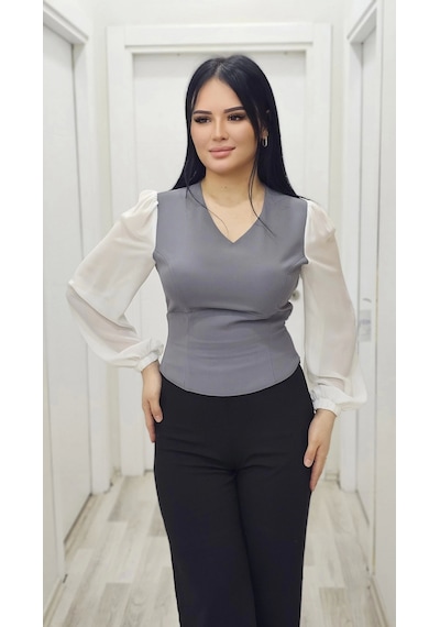Lodmela Şık V Yaka Crop Üst 6010-gri Gri