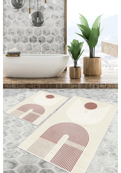 Dijital Baskı Modern Kaymaz Taban 2li Set Banyo Paspası Klozet Takımı 50x60cm-60x100cm Pembe