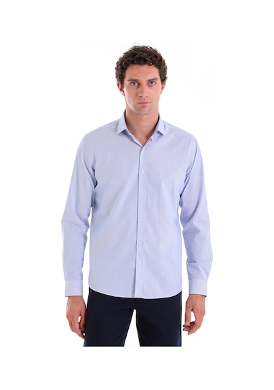 Hatemoğlu Mavi Comfort Fit Çizgili 100% Pamuk Slim Yaka Uzun Kollu Casual Mavi
