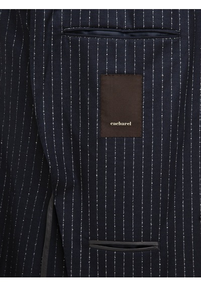 Cacharel Lacivert Slim Fit Keten Karışımlı Çizgili Ceket