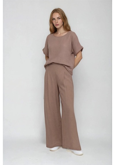 Vitrin Beli Lastikli Geniş Paça Keten Pantolon Camel