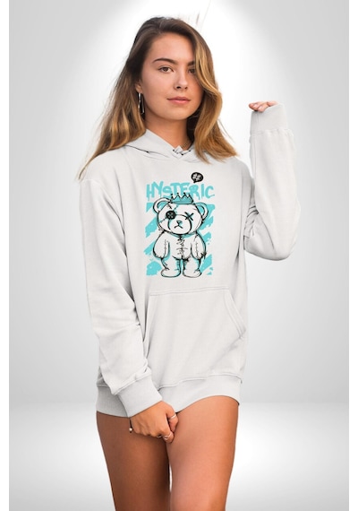 Histerik Kadın Erkek Beyaz Kapüşonlu Sweatshirt Hoodie Beyaz