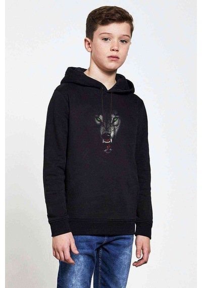 Tshirthane Kurt Mozaik Wolf Baskılı Unisex Çocuk Kapüşonlu Siyah Sweatshirt Siyah