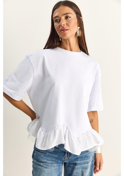 Shade Kadın Tül Detaylı Volanlı Oversize Basic T-shirt 8789 60286165 - Beyaz