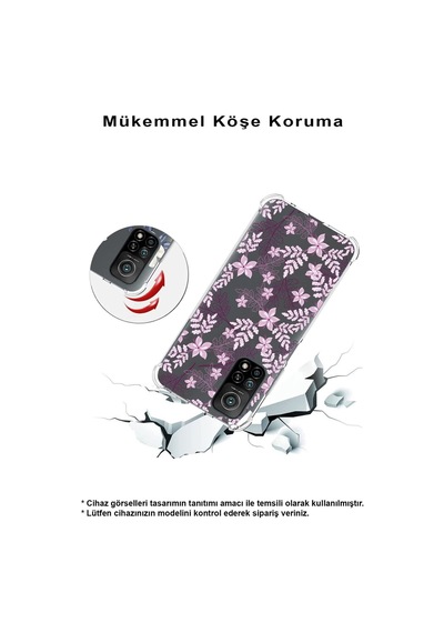 Vivo Y16 Uyumlu Köşe Korumalı Floral Pudra Tasarımlı Şeffaf Silikon Kılıf