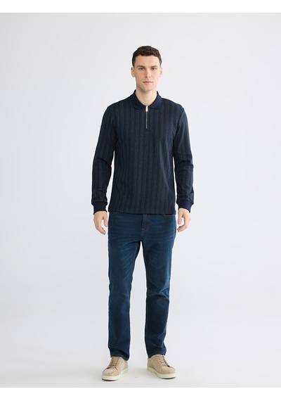 Lcwaıkıkı Classic Lacivert Polo Yaka Çizgili Erkek Sweatshirt