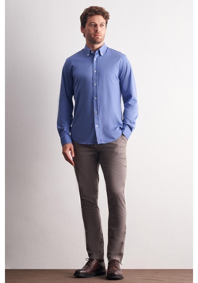 İmza Koyu Mavi Düğmeli Yaka Örme Uzun Kol Performans Ürün Slim Fit Esnek Gömlek 1004255270 Koyu Mavi