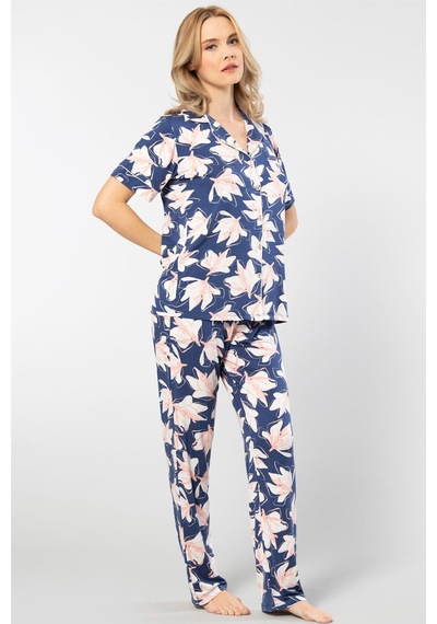 Türen Yaprak Desenli Kısa Kollu Gömlek Yaka Pijama Takımı 3355/lacivert 001