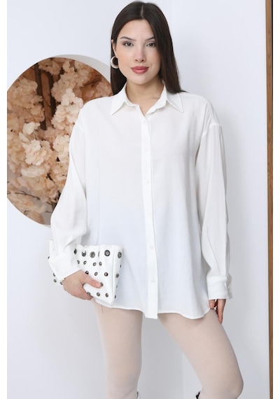 Kadın Beyaz Oversize Uzun Basic Gömlek