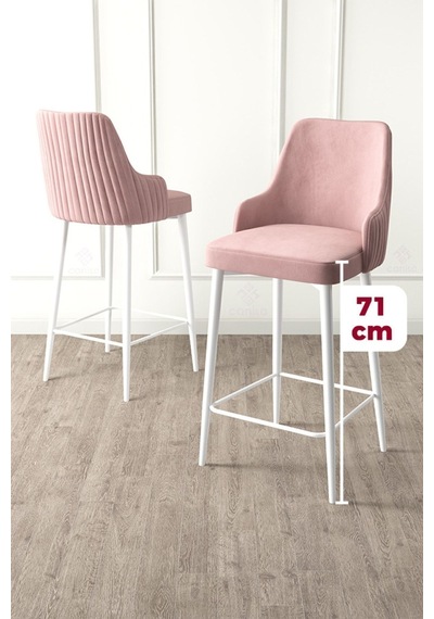 Canisa Enox Serisi,4 Adet Pembe Sandalye Mutfak Bar Sandalyesi, Babyface Kumaş, Beyaz Metal Ayak Pembe