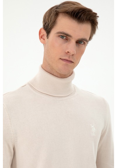 U.S. Polo Assn. Erkek Slim Fit Boğazlı Yaka Krem Melanj Basic Kazak 50288884-VR159