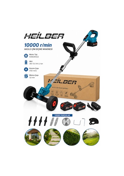Heilber Ba011531 Tekerlekli Akülü Çim Biçme Makinesi 36v Çift Akülü Kömürsüz Motor Misinalı Tırpan Ot Kesme
