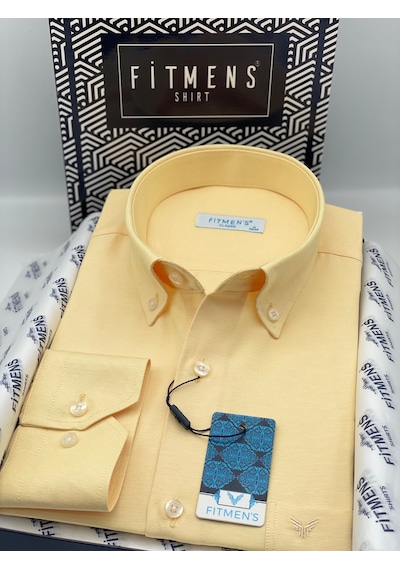 Klasik Uzun Kol Pamuklu Yaka Düğmeli Hediye Kutulu Kolay Ütülenebilir Erkek Gömlek Fs-003897 - Sarı-2946