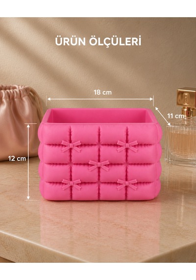 Fiyonk Detaylı Puffy Masaüstü Organizer 3d Baskı Makyaj Ve Kalemlik Düzenleyici Pembe - Pembe