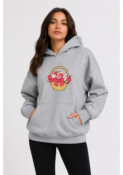Herkesemoda Çiçek Sepeti Baskılı Kapüşonlu 2 İplik Şardonlu Sweatshirt Gri