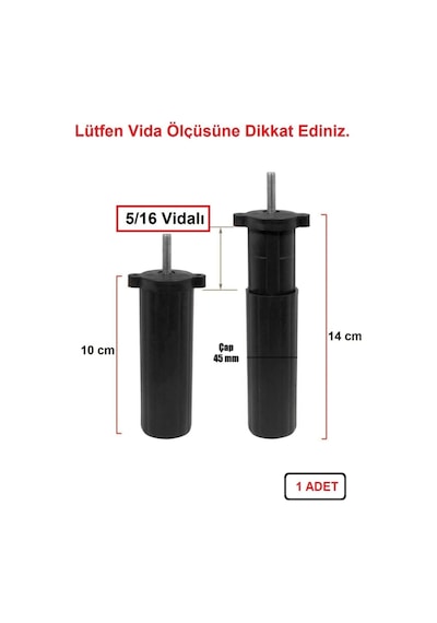 Vida Ölçüsüne Dikkat - Orta Mobilya Koltuk Kanepe Baza Destek Ayağı Tek Adet Siyah 10 Cm 5/16 Vida Siyah
