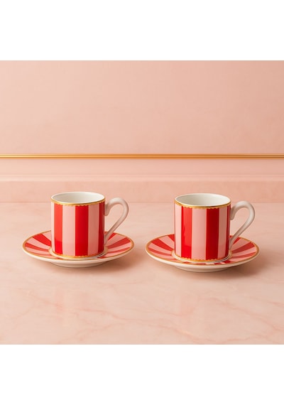 YzHome 2 Kişilik Porselen Yaldızlı Lovely Birds Özel Tasarım Pembe Kuşlu Kahve Fincan Takımı Seti 100ml