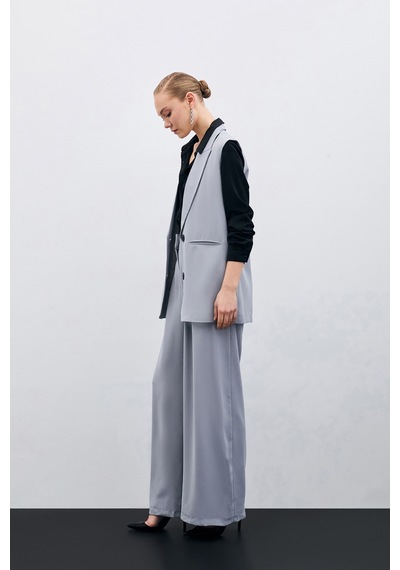 Sateen Yüksek Bel Bol Paça Pantolon - Gri-135632 Gri