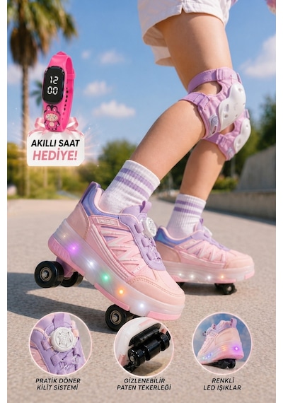 Muggo Skate Çocuk Işıklı Patenli Tekerlekli Sneaker Spor Ayakkabı Pudra