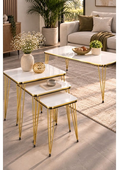 Sulorahome Gold Tel Ayaklı 4'lü Sehpa Seti Beyaz Altın - Beyaz