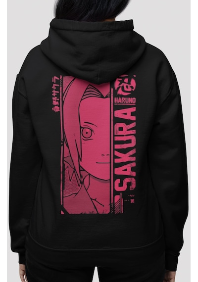Sevbano Sakura Haruno Naruto Anime Sırt Baskılı Unisex Oversize Penye Hoo Siyah