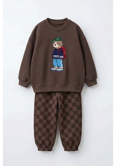 Monila Erkek Çocuk Kahverengi Ayıcık Baskılı Pamuklu 3 İplik Kumaş Sweatshirt Ve Damalı Eşofman Altüst Takım Monila Erkek Çocuk Kahverengi Ayıcık Baskılı Pamuklu 3 İplik Kumaş Sweatshirt Ve Damalı Eşofman Altüst Takım