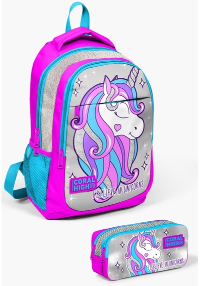 Coral High Kids Pembe Gümüş Simli Unicorn Desenli 2'li Okul Çanta Seti Set0214383