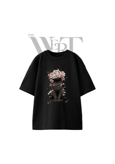 Thewert Black Cat Sakura Tasarım Baskılı Ünisex Siyah Oversize T-shirt