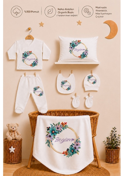 Pia Baby Kız Bebek Hastane Çıkışı 11 Parça %100 Pamuk Kişiye Özel İsimli Organik Baskılı Set 1026113x Ekru