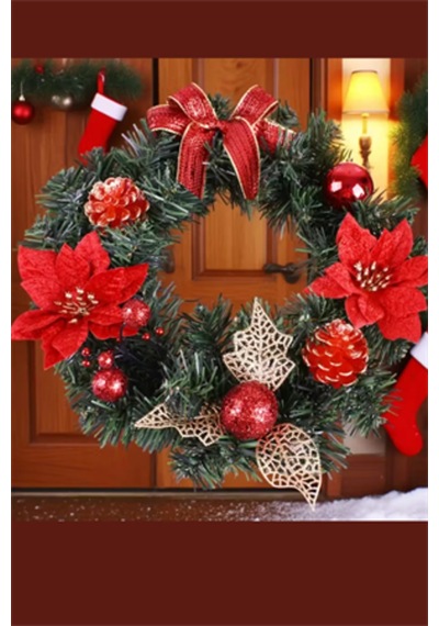 30 Cm Kırmızı Altın Noel Kapı Çelengi Çam Kozalı Ve Poinsettia Çiçekli Şömine & Duvar Dekoru