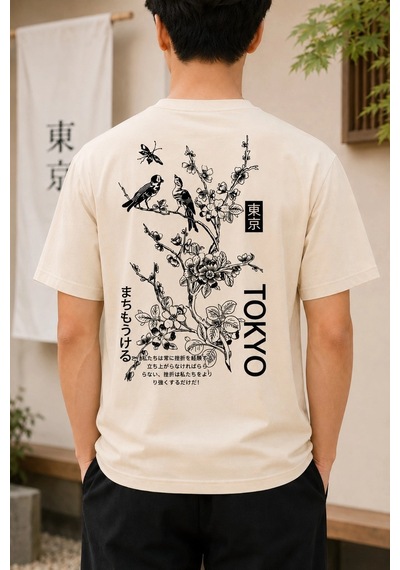 Novalisse Erkek Ön Ve Arka Tokyo Kuş Çiçek Baskılı Oversize T-shirt - Ekru Çoklu Renk