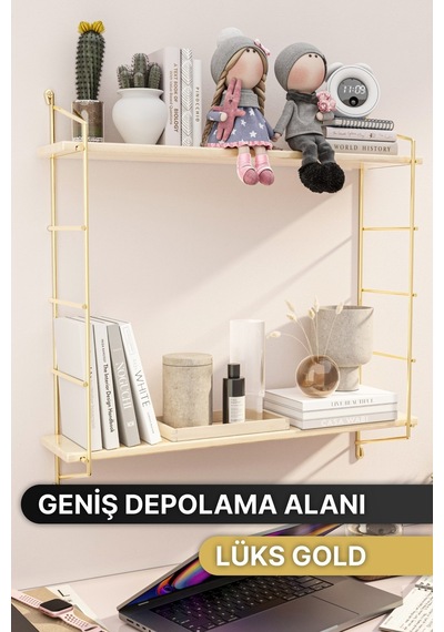 Bino Duvar Rafı Masif Doğal Ahşap Büyük Boy Geniş 2 Katlı Gold Kitaplık Terek Mutfak Rafı Banyo Rafı