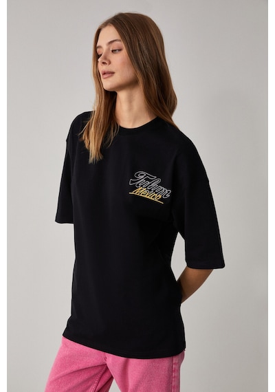 Grımelange CAITLYN Kadın Oversize Bisiklet Yaka Siyah T-Shirt