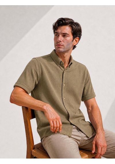 Classics Men Reeport Likralı Kısa Kol Slim Fit Çizgili Gömlek - 7640 Kahverengi
