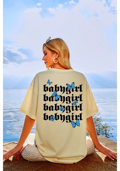 Unisex Babygirl Baskılı Tasarım Tshirt Bej