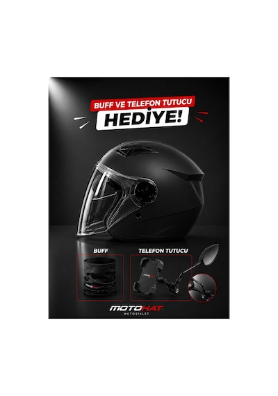 Güneş Vizörlü Kask - Telefon Tutucu Ve Buff  Siyah