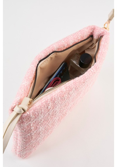 Vivaq Kadın Bellis Tweed Kumaş Pembe Astarlı Suni Deri Bilek Askılı Portföy El Ve Clutch Çanta
