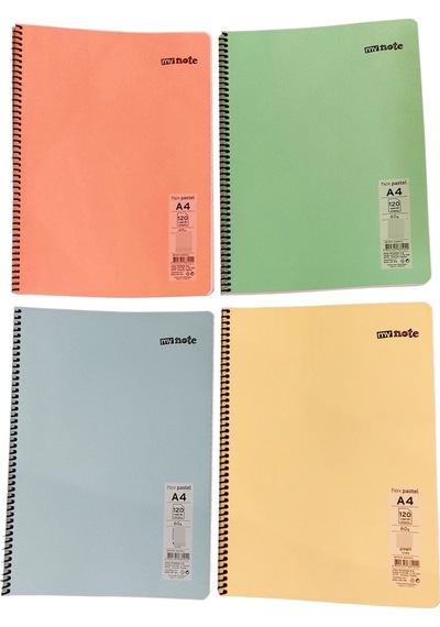 Mynote 4 Adet Pastel Renk 120 Yaprak Kareli Telli A4 Büyük Boy Defter 60gr Beyaz Kağıt Çok Renkli